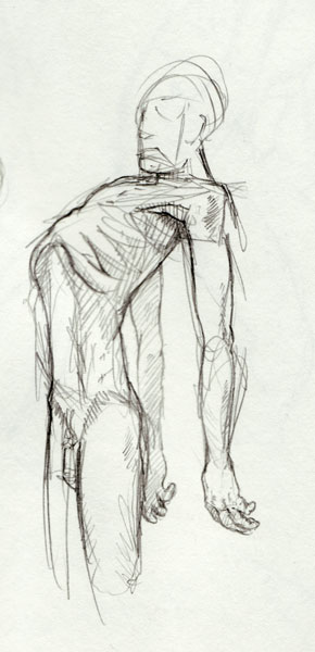 sketch:thin figure with sharply arched back